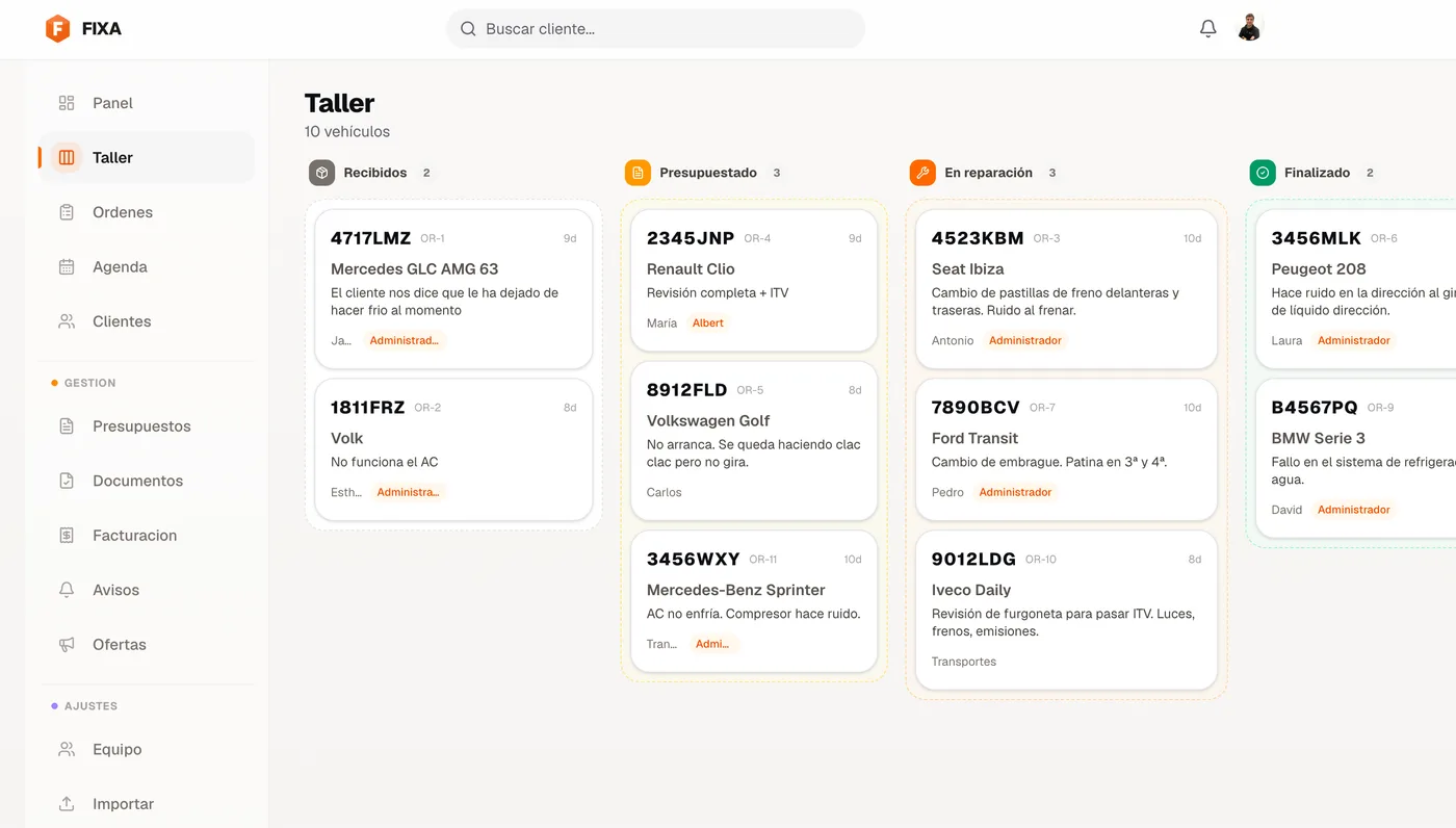 Lista de órdenes en FIXA